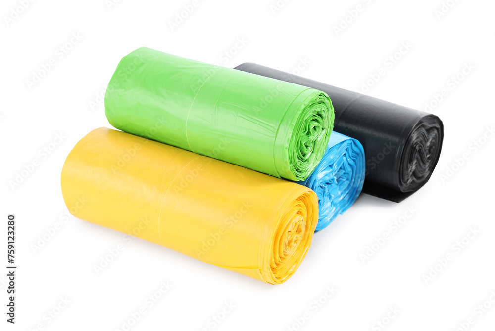Rolls of colorful garbage bags isolated on white Rolls of colorful garbage bags isolated on white