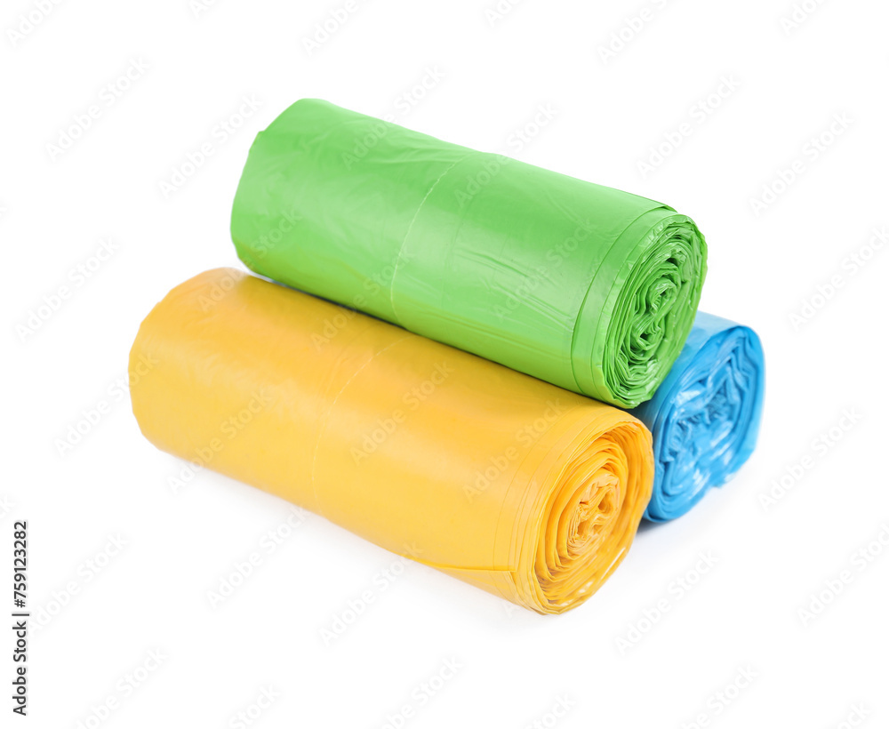 Rolls of colorful garbage bags isolated on white Rolls of colorful garbage bags isolated on white