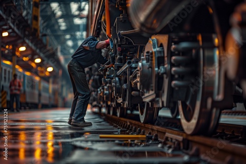 Auto mechanic performing routine maintenance on the braking system of a freight train, showcased in a clean, well-lit railway yard.
