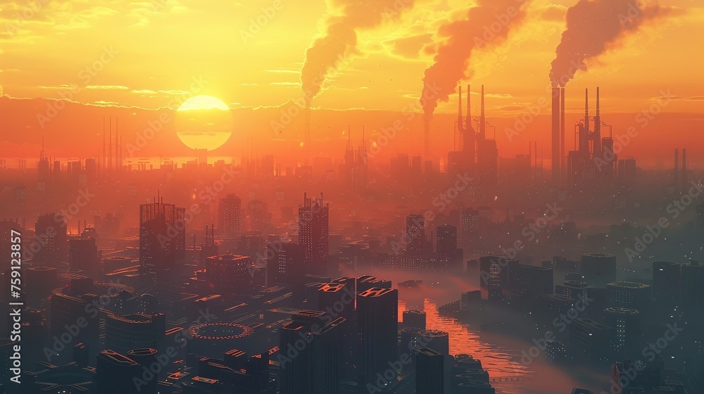 A retro-futuristic skyline punctuated by the silhouettes of gear-driven towers