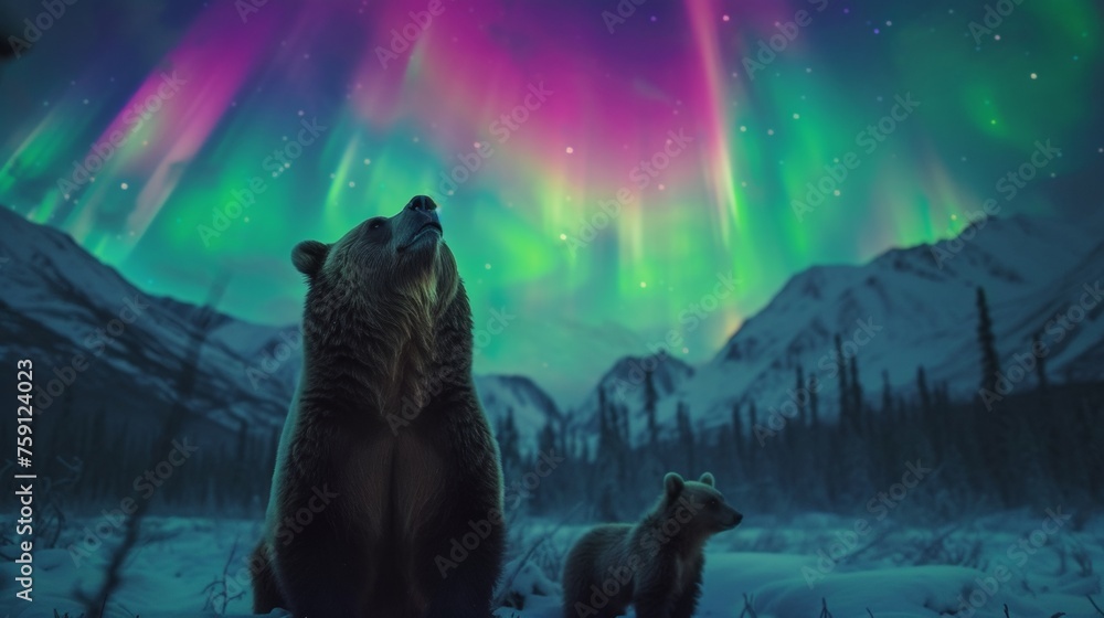 Naklejka premium Grizzly bear with cubs in wild snow field with beautiful aurora northern lights in night sky with snow forest in winter.