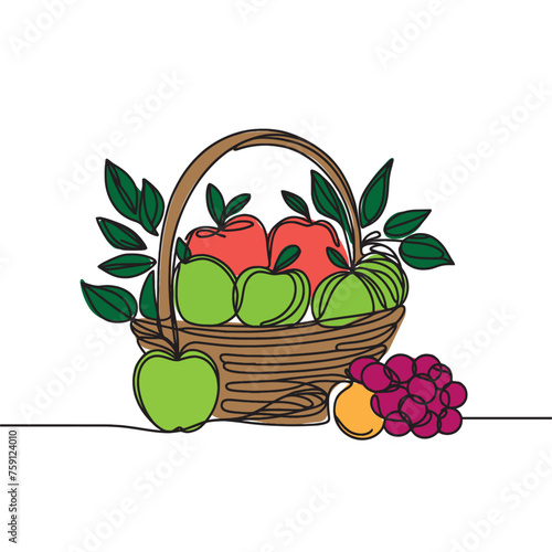 Continuous one line drawing of fresh fruits in a basket. Fruits in a basket, single line vector illustration.