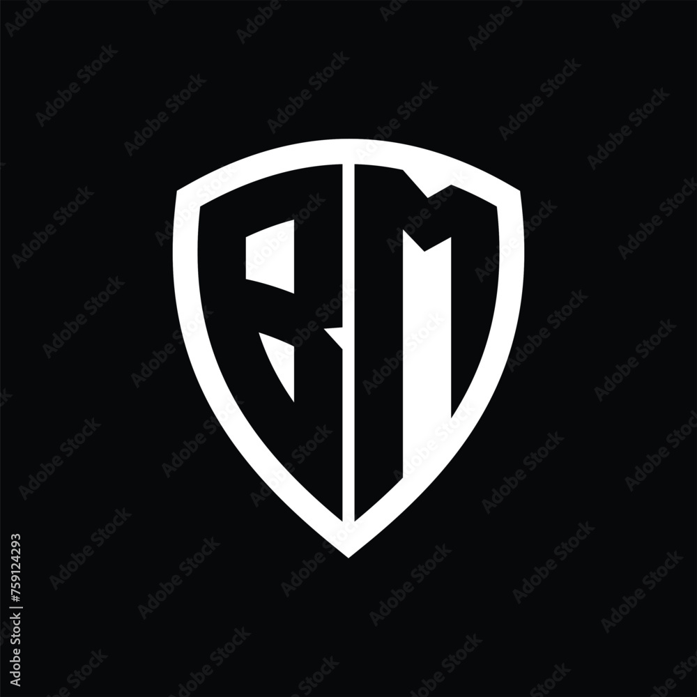 BM monogram logo with bold letters shield shape with black and white color design BM monogram logo with bold letters shield shape with black and white color design