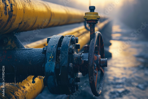 close-up of a pipeline with a valve. The valve is open  and oil is flowing through the pipeline