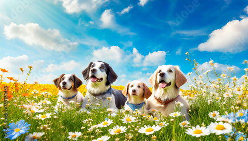Dogs enjoying the summer spring weather in a floral meadow