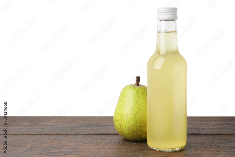 Delicious kombucha in glass bottle and pear on wooden table against white background, space for text Delicious kombucha in glass bottle and pear on wooden table against white background, space for text