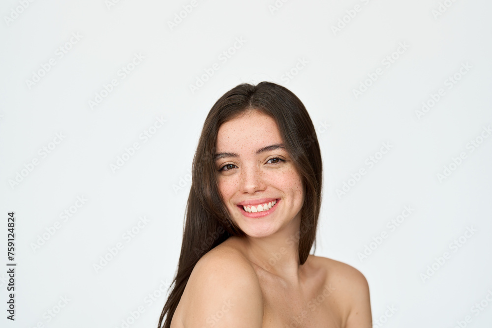 Happy brunette Latin girl isolated on white background. Smiling pretty young adult Hispanic woman with freckles on face looking at camera advertising skincare, hair skin care beauty product, portrait. Happy brunette Latin girl isolated on white background. Smiling pretty young adult Hispanic woman with freckles on face looking at camera advertising skincare, hair skin care beauty product, portrait.