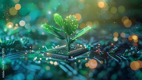 A glowing plant growing on a computer chip representing digital ecology business and blurred background. Green environment & computing. Plants & technology illustration. Generative AI