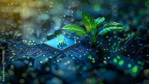 A glowing plant growing on a computer chip representing digital ecology business and blurred background. Green computing, Green technology. Concept of green technology. Environment green technology