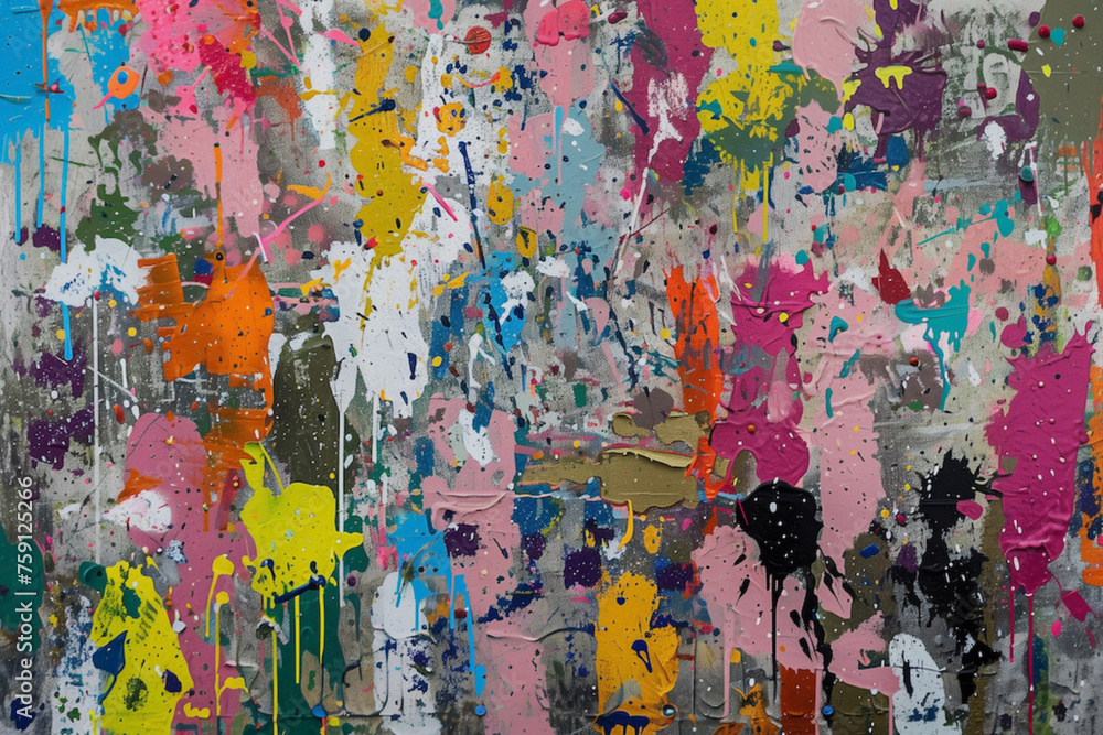 A colorful painting with splatters of paint on it. The colors are bright and the splatters give the painting a sense of movement and energy. The painting seems to be abstract