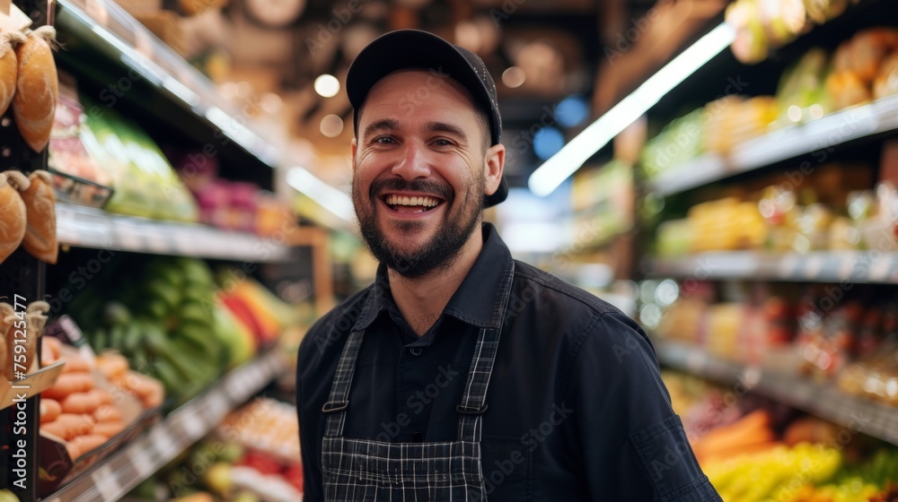 Portrait of smiling friendly employee worker in a grocery store.