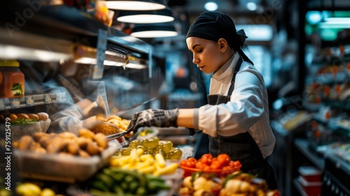 Employee worker working on foot stand in a grocery store.