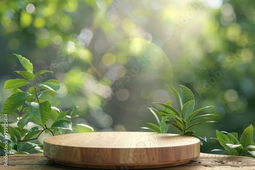 Wooden Product Display Podium Stands Prominently Against a Backdrop of Blurred Nature Leaves. Naturalistic Showcase Concept.