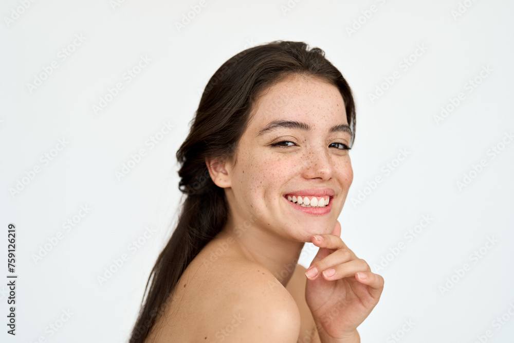Beauty aesthetic portrait of smiling pretty Hispanic girl, Happy Latin young woman model with freckles on face looking at camera isolated on white background advertising skin care cosmetic treatment. Beauty aesthetic portrait of smiling pretty Hispanic girl, Happy Latin young woman model with freckles on face looking at camera isolated on white background advertising skin care cosmetic treatment.