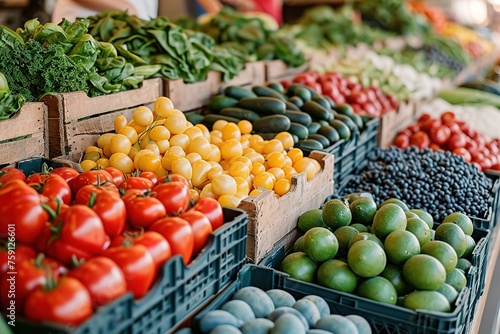 Produce an image of a person shopping for fresh produce at a colorful farmers  market