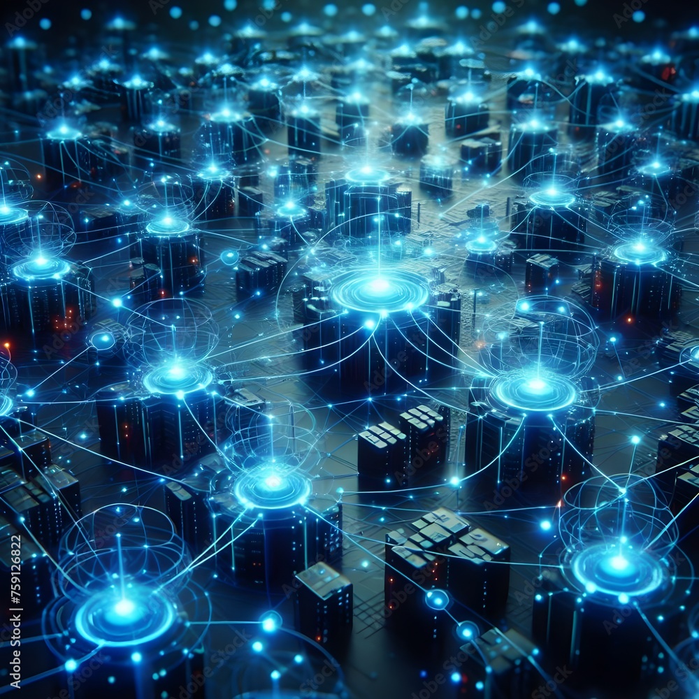 A network of interconnected nodes glowing with vibrant blue hues, representing the flow of big data between servers and devices in a complex system. A network of interconnected nodes glowing with vibrant blue hues, representing the flow of big data between servers and devices in a complex system.