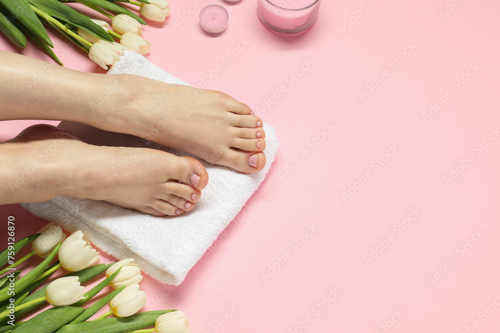 Woman with neat toenails after pedicure procedure on pink background, closeup. Space for text