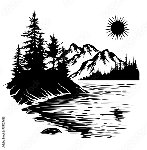 Berge Fluss Wald Kreis Silhouette Natur Landschaft Logo Mountains Wandern Symbol Naturschutz Illustration photo