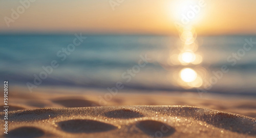 Blurred summer nature background with tropical sand beach, ocean and sunlight