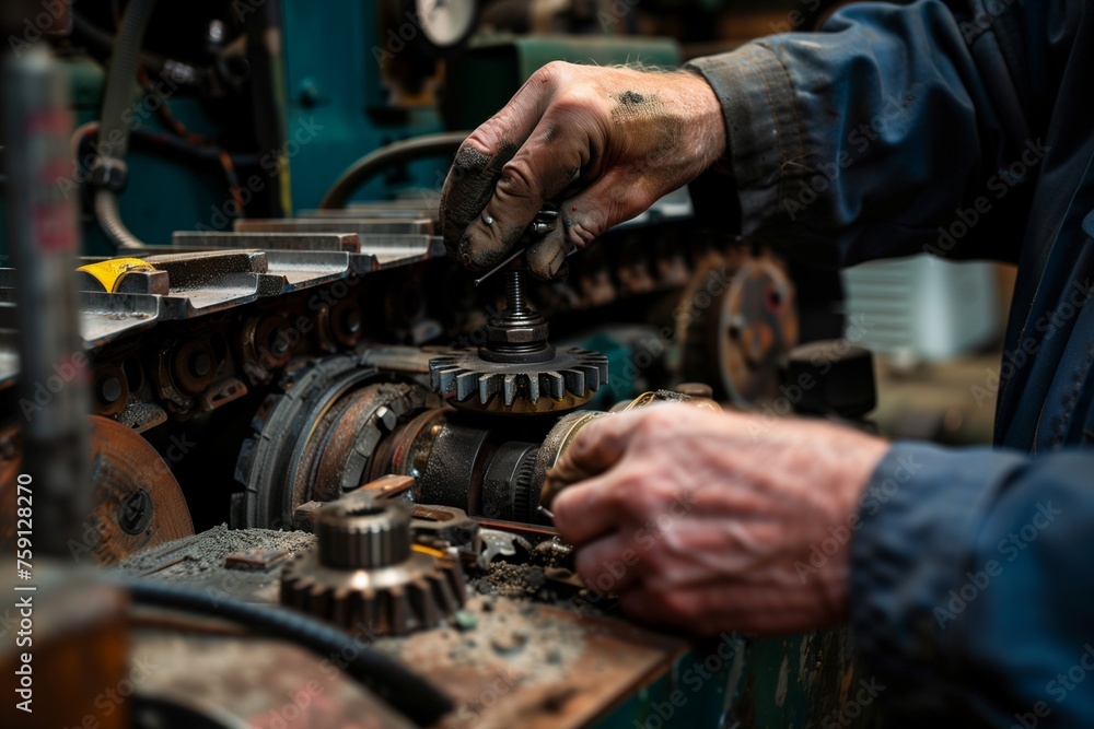 Close-up of a mechanic's hands replacing worn-out parts on a bulldozer's transmission system. Close-up of a mechanic's hands replacing worn-out parts on a bulldozer's transmission system.