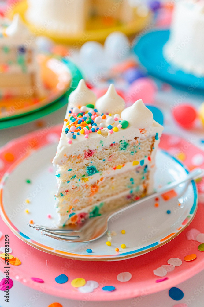 piece of rainbow cake and confetti. Selective focus. piece of rainbow cake and confetti. Selective focus.