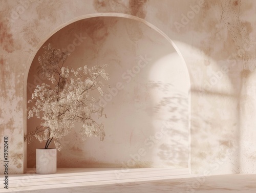 Stylish interior design featuring a minimalist arrangement with a plant in a pot against a textured wall illuminated by natural light