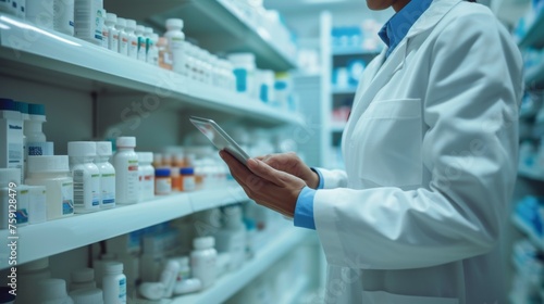 A pharmacist is working checking the inventory on drug shelf in drug store.