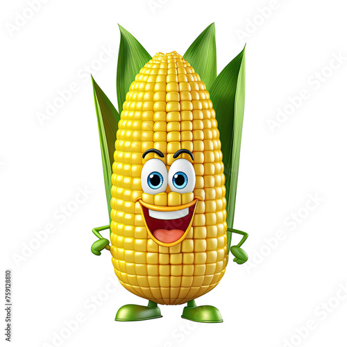 3D tiny cartoon character of corn cob with eyes, arms, legs on white transparent background. promote healthy kid's eating, nutrition education, children's books, fun mascot to sell vegetables