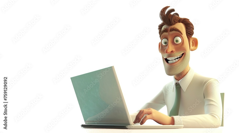 3D Cartoon of a Businessman Depicted Using a Laptop Against a White Background. Digital Business Concept.