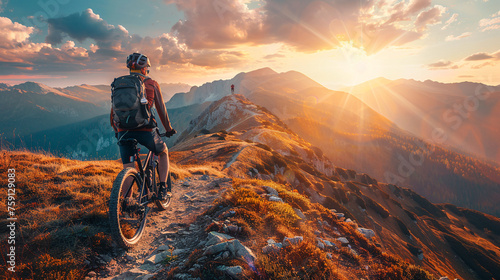 Photo from behind of man on bicycle riding through the mountains against the background of sunset and beautiful landscape. Bicycle tourism concept in summer