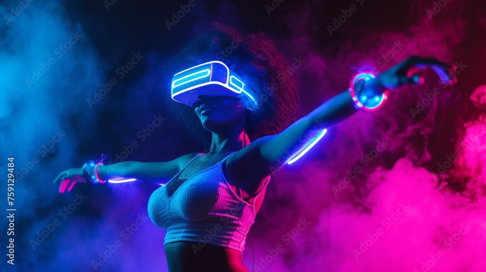 People wear VR headset in a futuristic cyberpunk atmosphere.