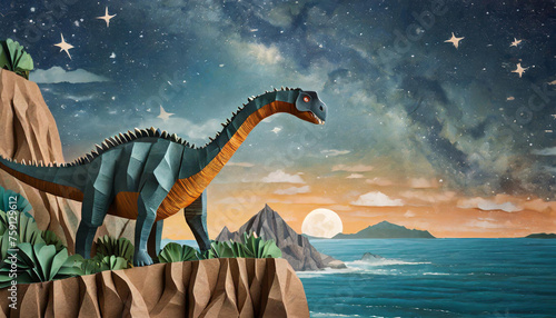 Brontosaurus standing on an ocean cliffside with star filled sky. Made from handcrafted paper cutout. photo
