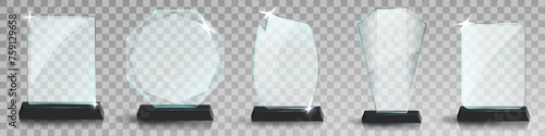 Glass award trophy set. Transparent prize template. Winner first place concept. Vector illustration. Winner glass trophy. First place award, crystal prize and signed acrylic trophies. Glass awarding t