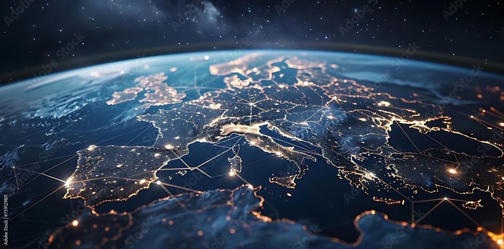 Obraz premium European telecommunication network connected over Europe, France, Germany, UK, Italy, concept about internet and global communication technology for finance, blockchain or IoT - Generative AI