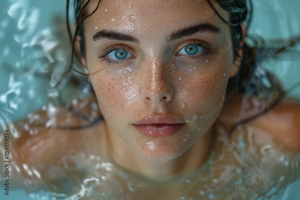 Young woman with striking blue eyes submerged in water, capturing intense emotions and natural beauty in a serene environment Young woman with striking blue eyes submerged in water, capturing intense emotions and natural beauty in a serene environment