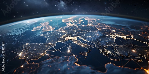 European telecommunication network connected over Europe, France, Germany, UK, Italy, concept about internet and global communication technology for finance, blockchain or IoT - Generative AI photo