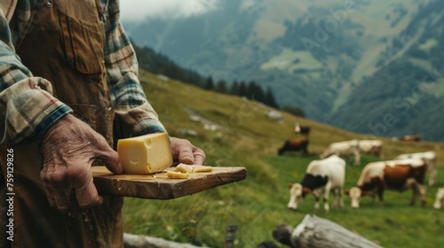 a piece of cheese on a wooden board on a background with cows and mountains