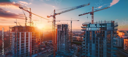 City building construction sites development and tower cranes. Generative AI