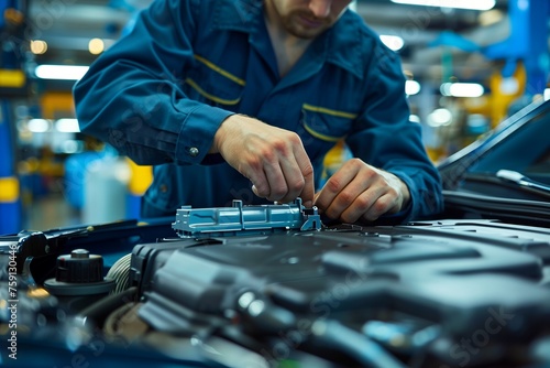 Close-up of an auto mechanic's hands installing a new battery in a car. The image showcases the mechanic's expertise and attention to detail, with process in a brightly lit service area.