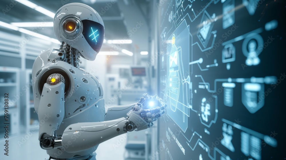 An advanced robot is working in a biochemistry research lab An advanced robot is working in a biochemistry research lab