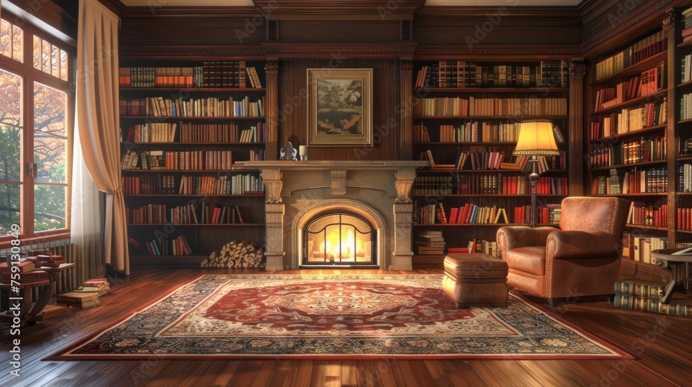 Elegant living space with fireplace, wooden floors, lush rugs, bookshelves, and soft lights