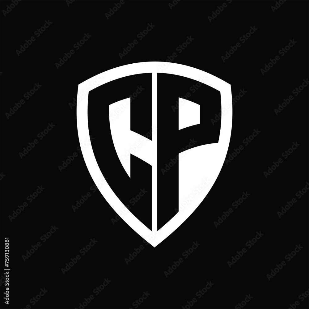 CP monogram logo with bold letters shield shape with black and white color design CP monogram logo with bold letters shield shape with black and white color design