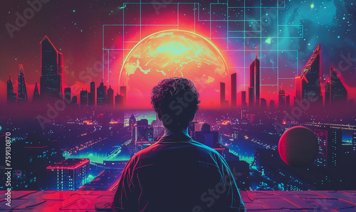 Retro 80s poster of a man facing a neon-lit cityscape, vibrant synthwave aura, nostalgic yet futuristic