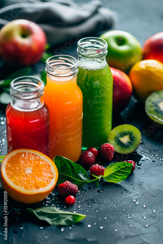 various smoothies with vegetables and fruits. Selective focus.