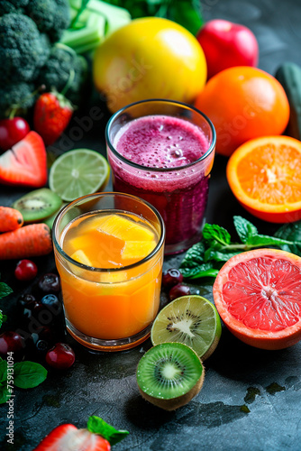 various smoothies with vegetables and fruits. Selective focus.