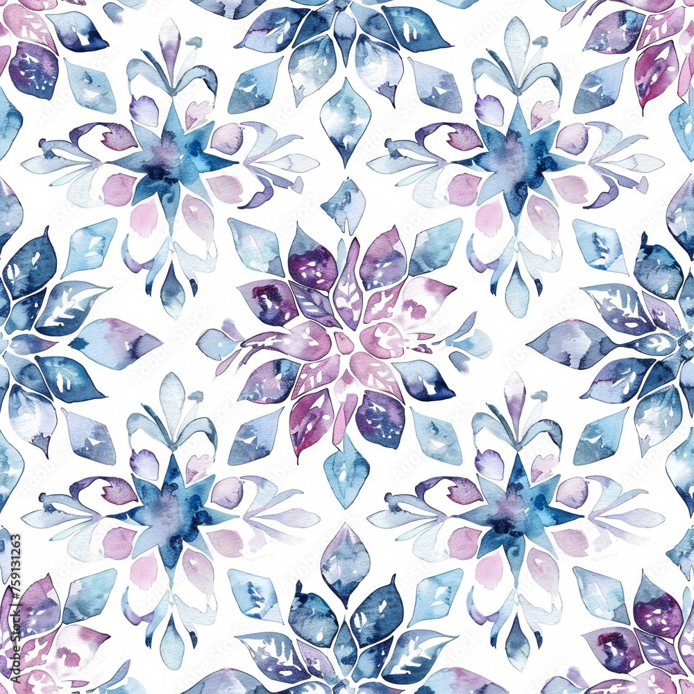 Dreamy seamless watercolor snowflake pattern, gentle colors and graceful designs, ideal for festive decorations