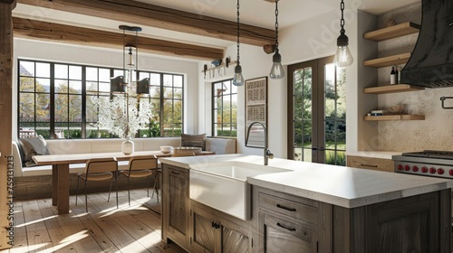 Modern kitchen featuring farmhouse sink, wooden beams, pendant lights, and a cozy breakfast nook