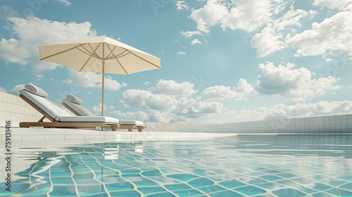 Side view of a luxury swimming pool with beach umbrella and sun loungers