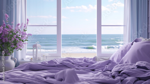 
A luxurious bedroom featuring lilac bedding, with a window offering a picturesque view of the blue ocean and swaying palm trees photo