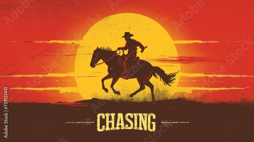 Vintage art poster of cowboy riding horse running fast with large sun background